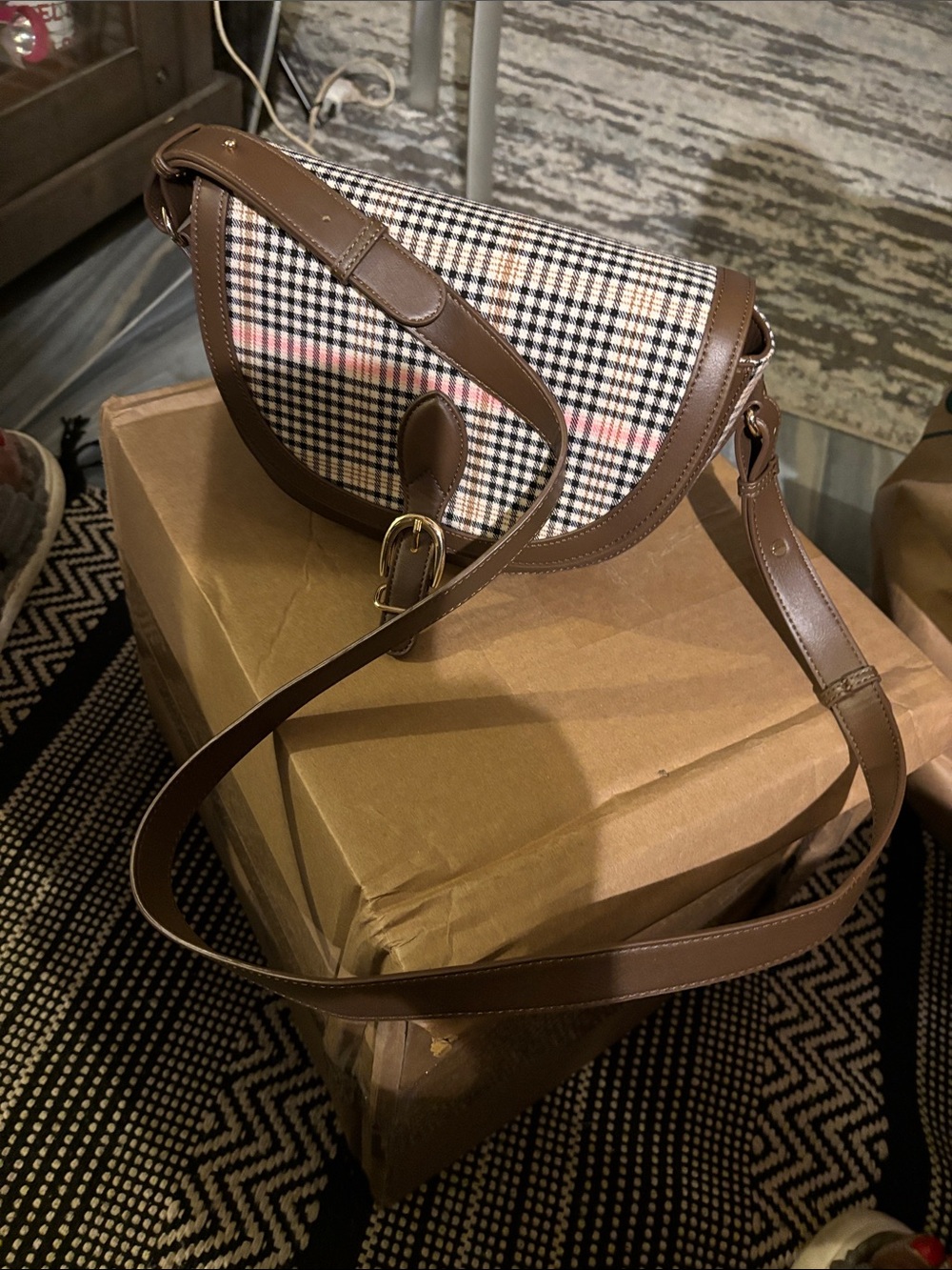 LOFT Brown Leather Trim Plaid Crossbody with Pink Stripe